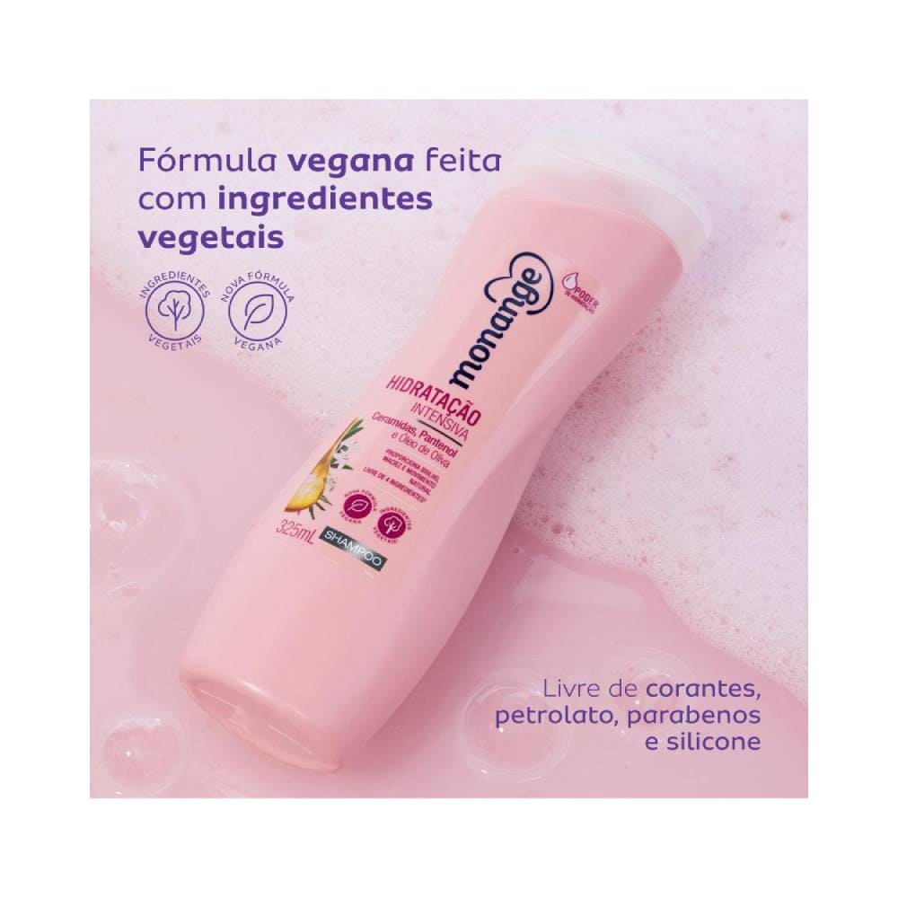 Frasco rosa claro do Shampoo Monange Hidrata com Poder sobre espuma rosada