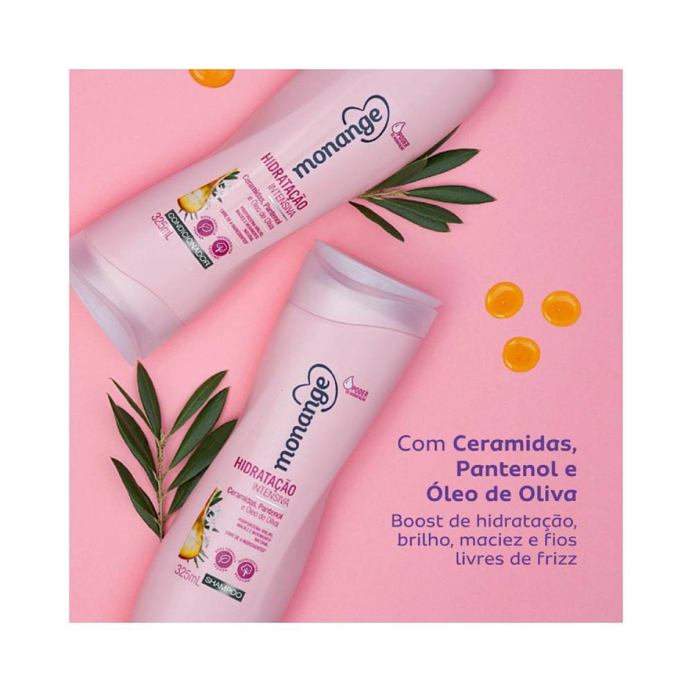 Dois frascos do shampoo e condicionador Monange Hidrata com Poder sobre fundo rosa com folhas verdes
