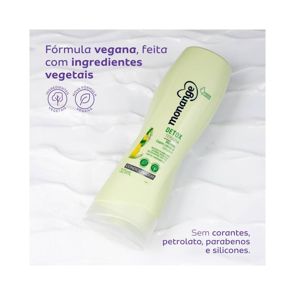 Condicionador Monange Detox Terapia 325ml sobre fundo branco com ícones da fórmula vegana