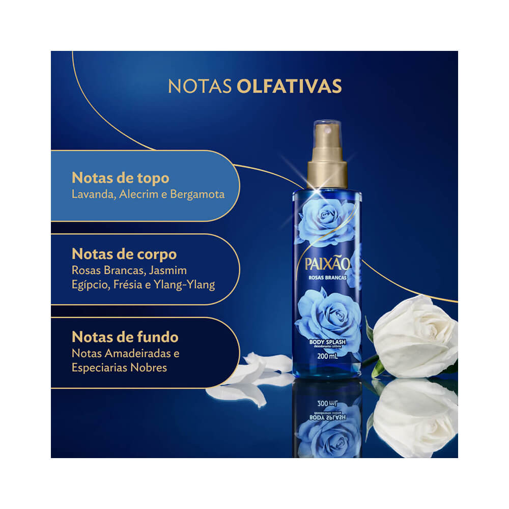 Frasco de Body Splash Paixão Rosas Brancas com destaque para notas olfativas