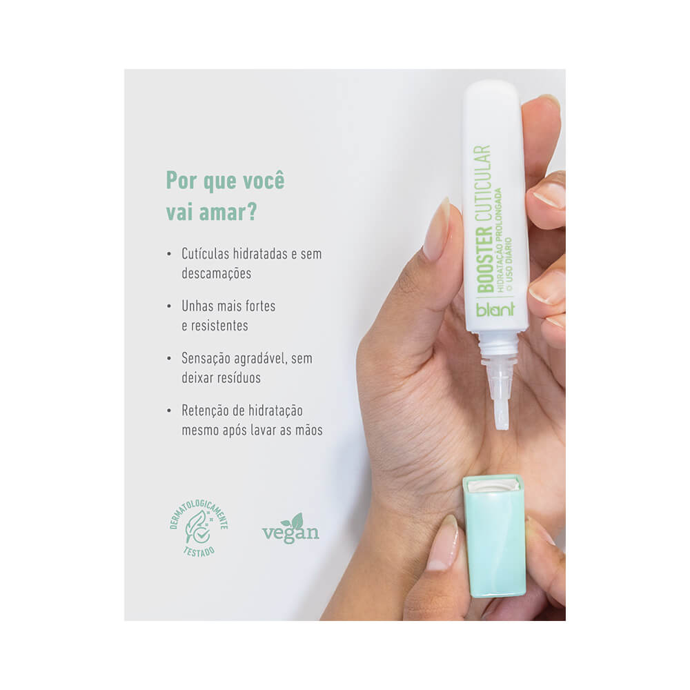 Aplicação da Caneta Blant Booster Cuticular mostrando textura e embalagem