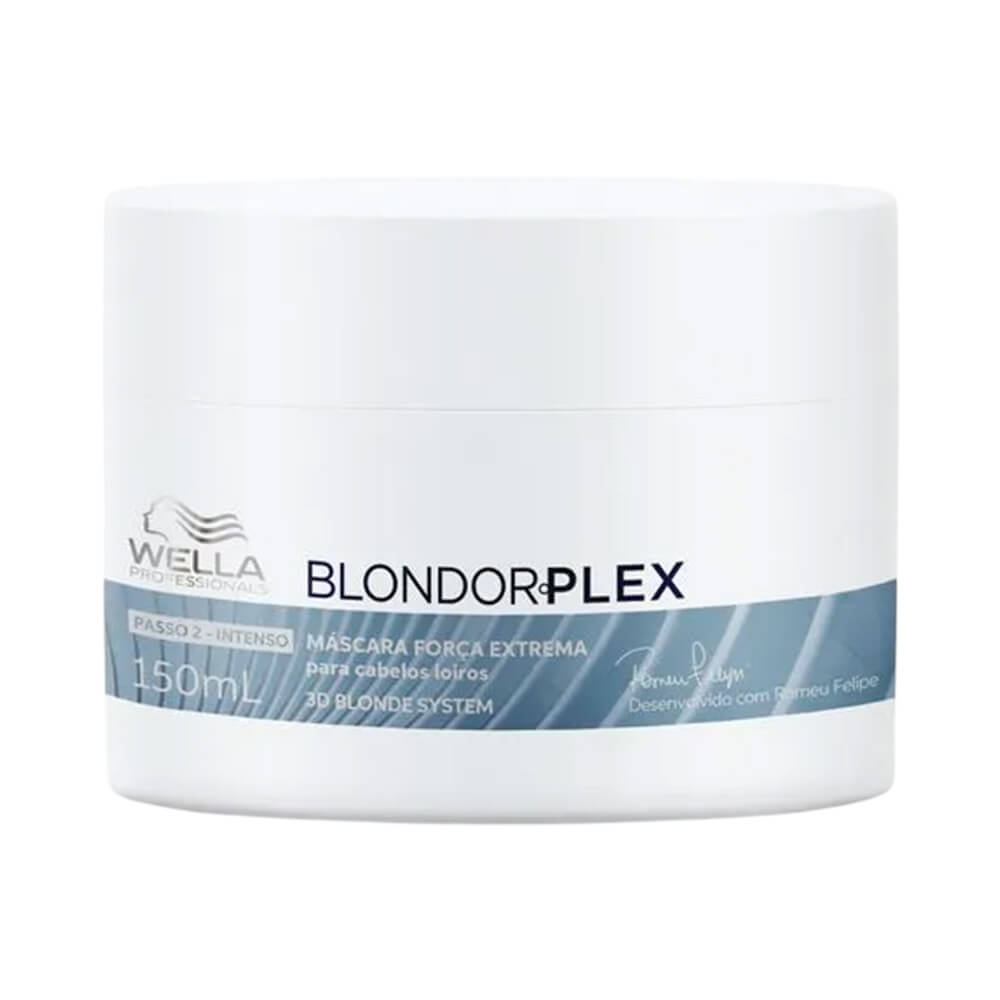 Máscara Capilar Wella Blondor Plex 150ml em pote branco com detalhes em azul