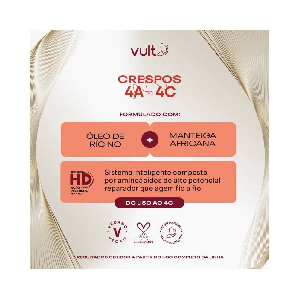 Informações do creme para pentear Vult com destaque para ingredientes e benefícios