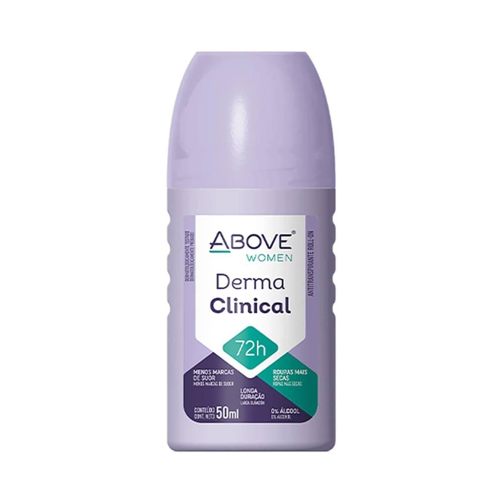 Desodorante Roll-on Above Derma Clinical 50ml - embalagem lilás, destaque 72h proteção