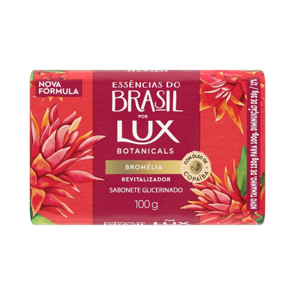 Sabonete em barra Lux Essências do Brasil Bromélia 100g com embalagem vermelha e ilustrações de bromélias