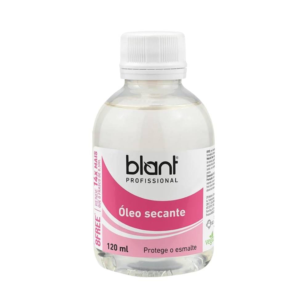 Óleo Secante Blant 120ml embalagem transparente com tampa branca e rótulo branco com rosa