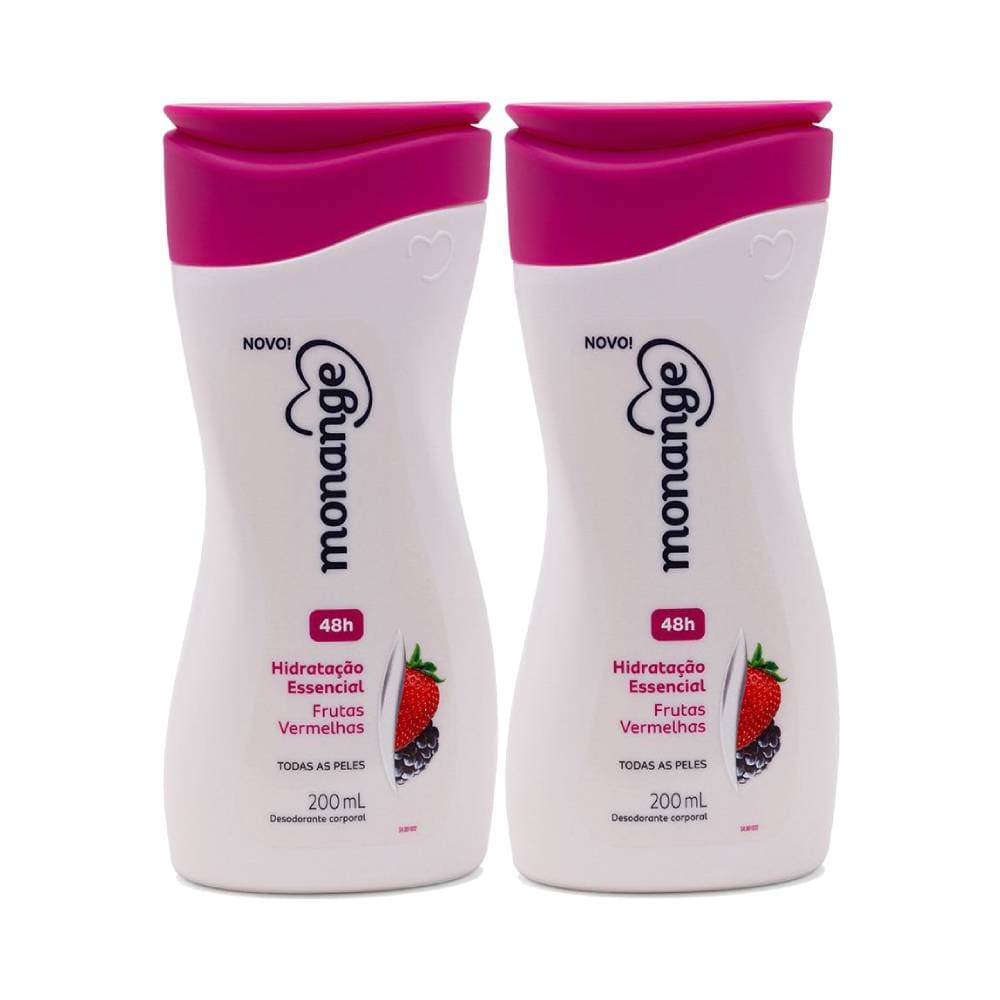 Dois frascos do Kit Monange Hidratante Frutas Vermelhas Essencial 200ml com tampas rosa, destaque para 48h de hidratação