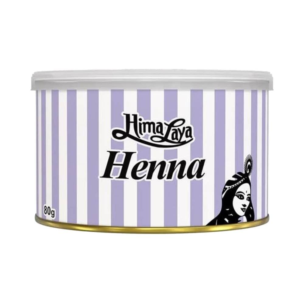 Pote de Henna em Pó HimaLaya Dourada 80g, embalagem lilás com tampa branca