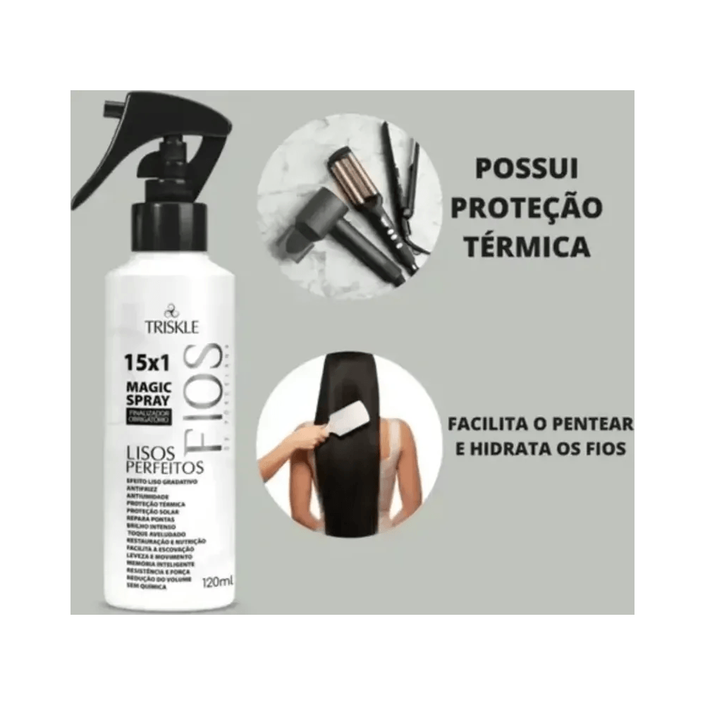 Spray Triskle Fios de Porcelana Lisos Perfeitos 120ml com ícones de proteção térmica e fácil pentear