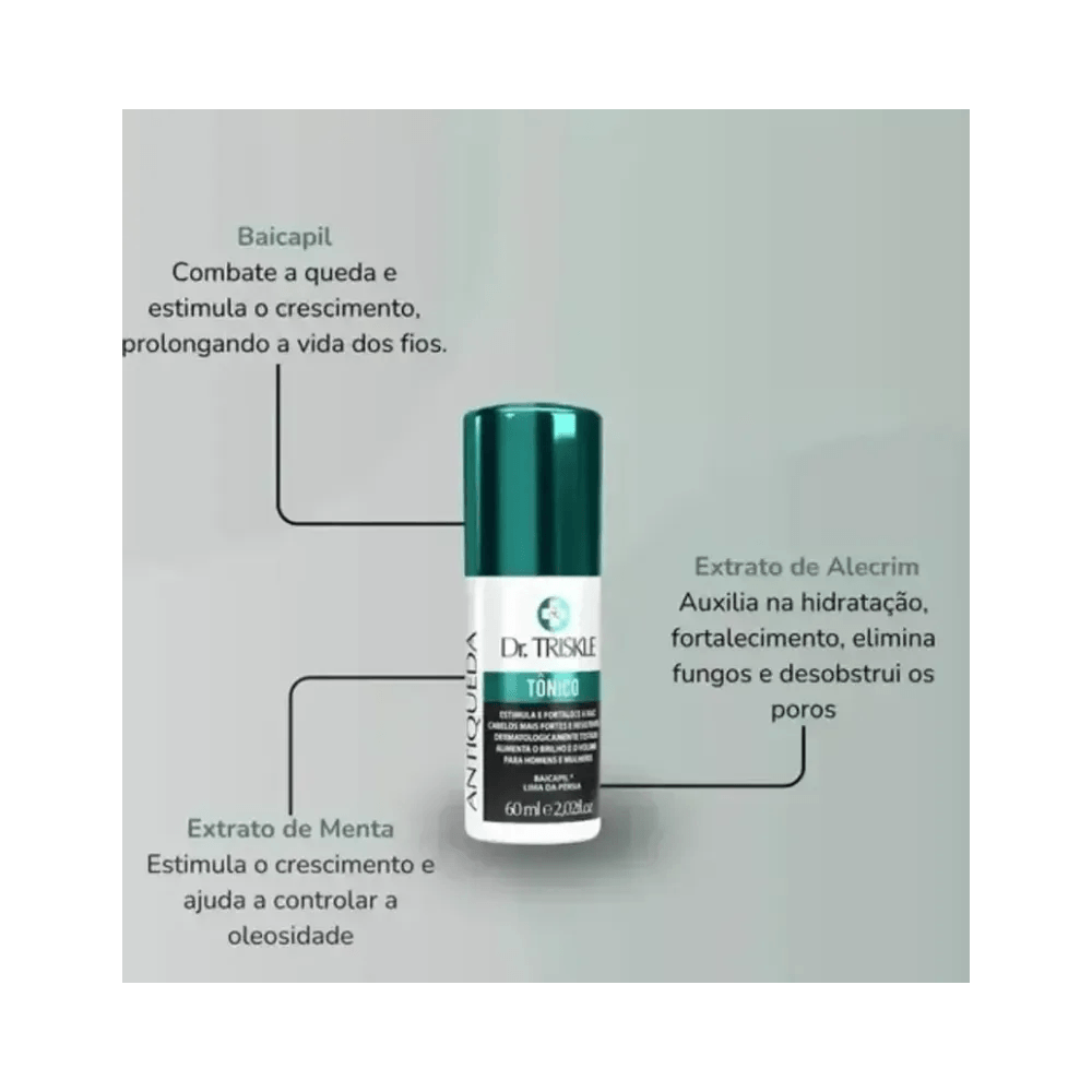Tônico Triskle 60ml destacando Baicapil, alecrim e menta