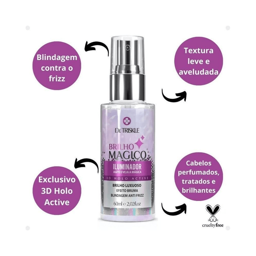 Iluminador Triskle Brilho Mágico 60ml com callouts de benefícios e selo cruelty free