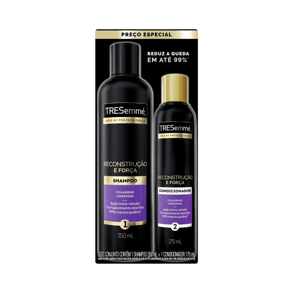 Kit Tresemmé Reconstrução e Força com destaque para os volumes e benefícios nas embalagens