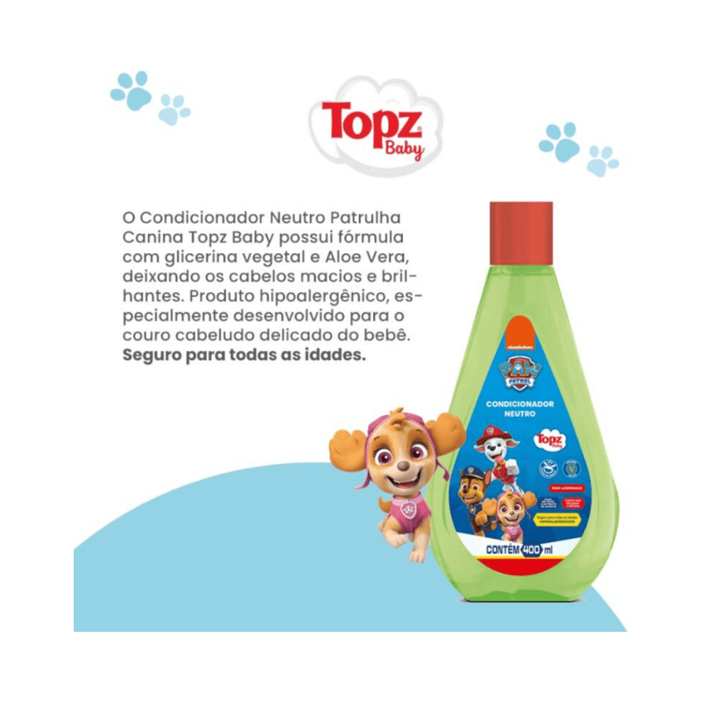 Condicionador Topz Baby 400ml em fundo branco com patas azuis
