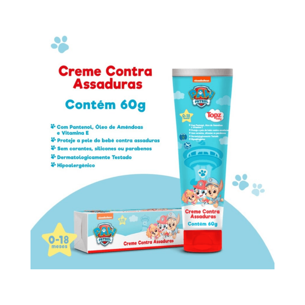 Tubo e caixa do Creme Contra Assadura Topz Patrulha Canina com selo vegano