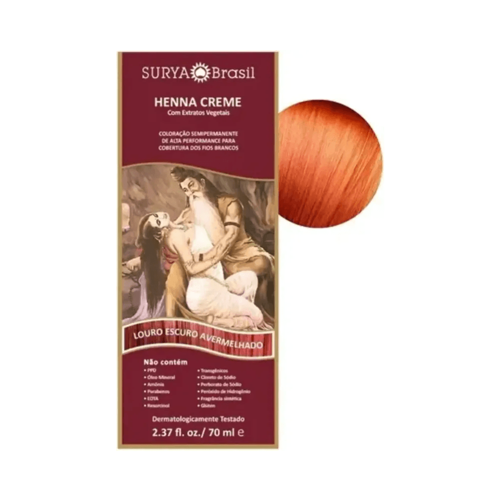 Embalagem lateral da Henna Surya Creme mostrando a cor avermelhada