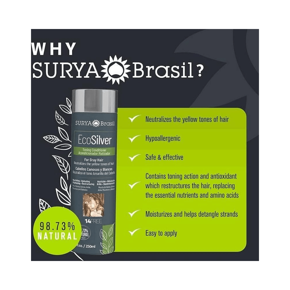 Imagem promocional do Shampoo Matizador Surya EcoSilver 250ml com destaque para benefícios e rótulo cinza
