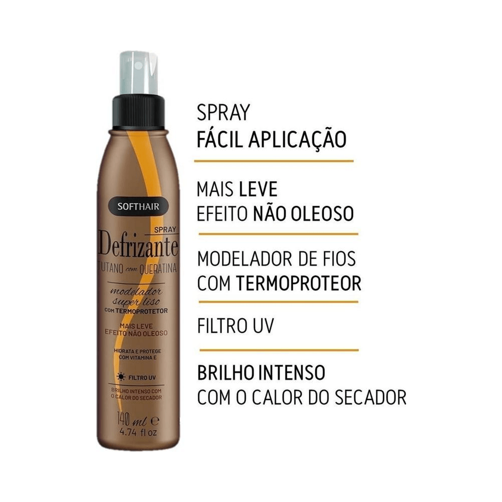 Spray Defrizante Soft Hair mostrando benefícios: termoprotetor e filtro UV