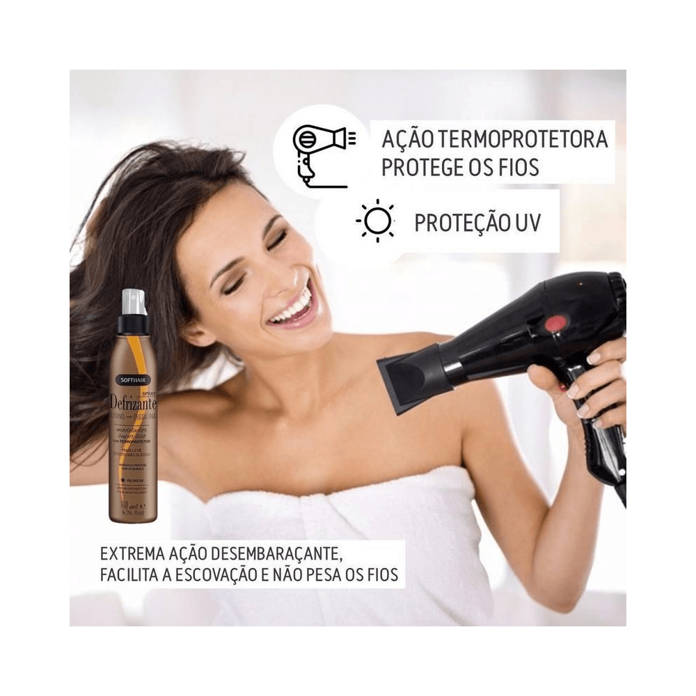 Mulher secando o cabelo e frasco do Spray Defrizante Soft Hair Tutano com Queratina