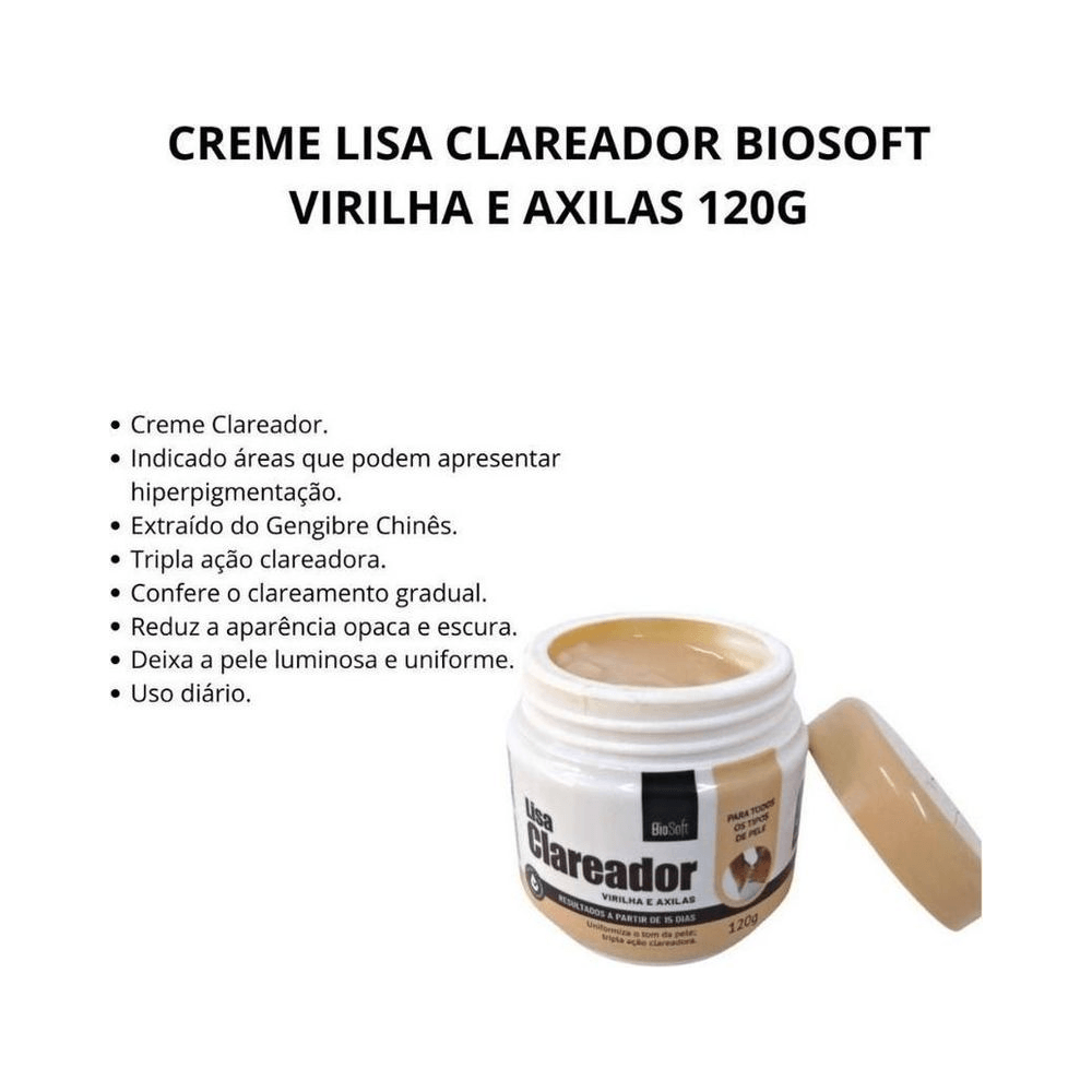 Pote aberto do Creme Clareador BioSoft com tampa ao lado e descrição dos benefícios