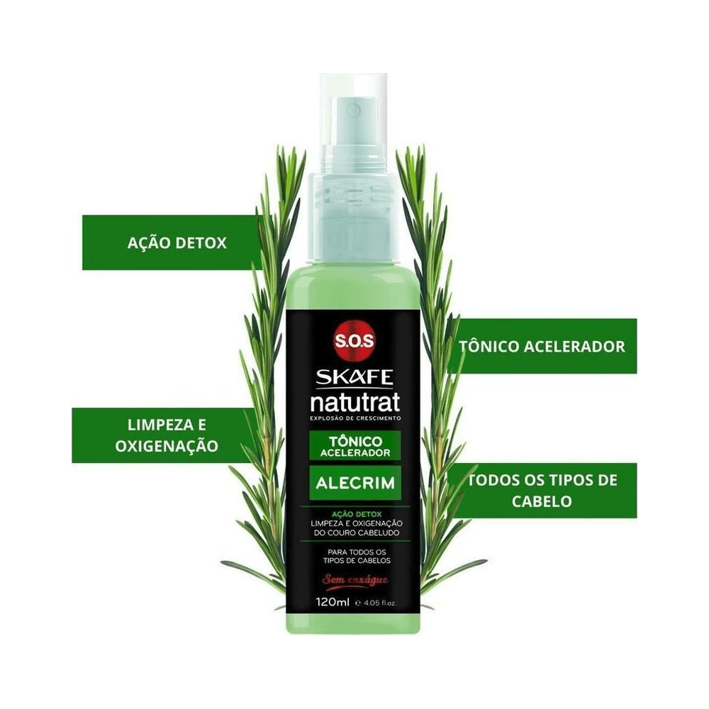 Rótulo com destaque para Ação Detox e Alecrim - Tônico Skafe 120ml
