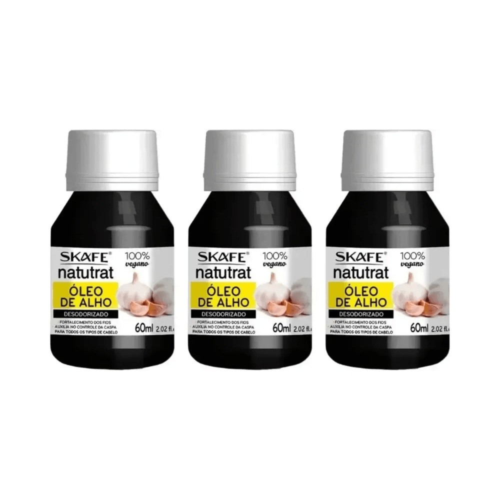 Trio de frascos do Óleo de Alho Skafe Natutrat S.O.S 60ml alinhados - embalagem preta com rótulo branco e amarelo