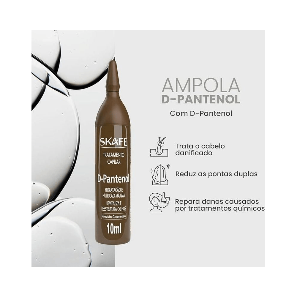 Ampola Skafe D-Pantenol 10ml com ícones de benefícios