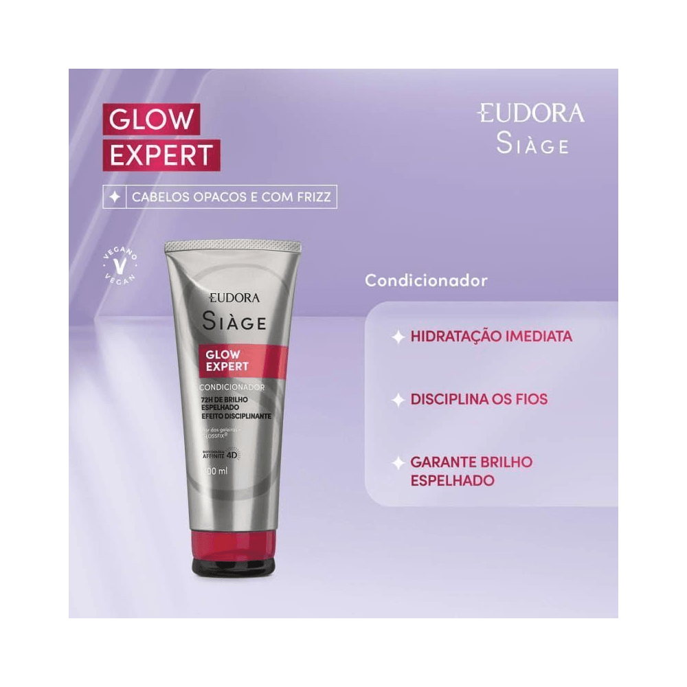 Composição publicitária do condicionador Siàge Glow Expert com selo Vegan