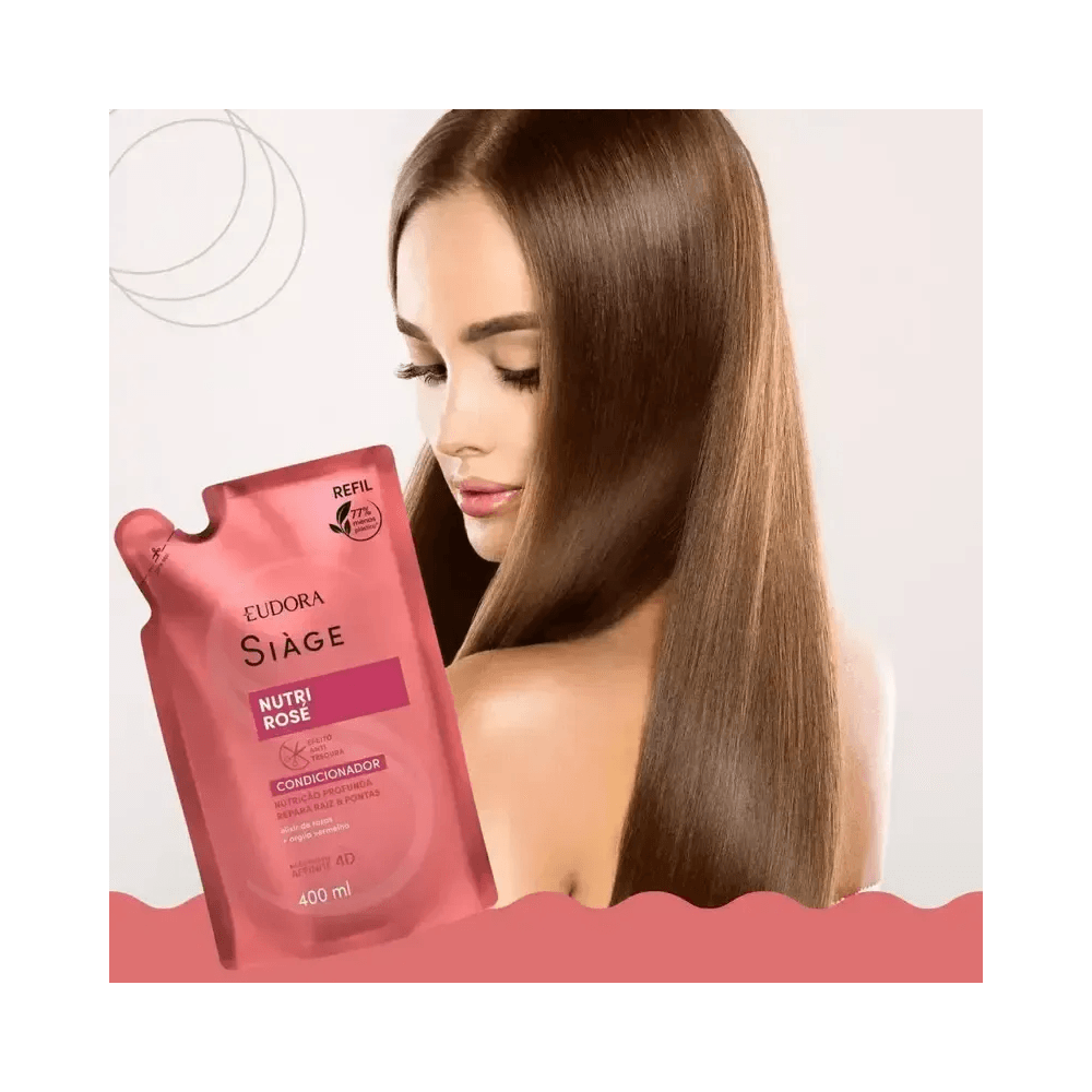 Siàge Nutri Rosé Refil 400ml ao lado de cabelos lisos e brilhantes