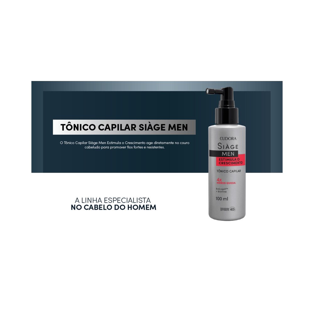 Tônico Capilar Siàge Men Eudora 100ml - visual promocional em fundo escuro