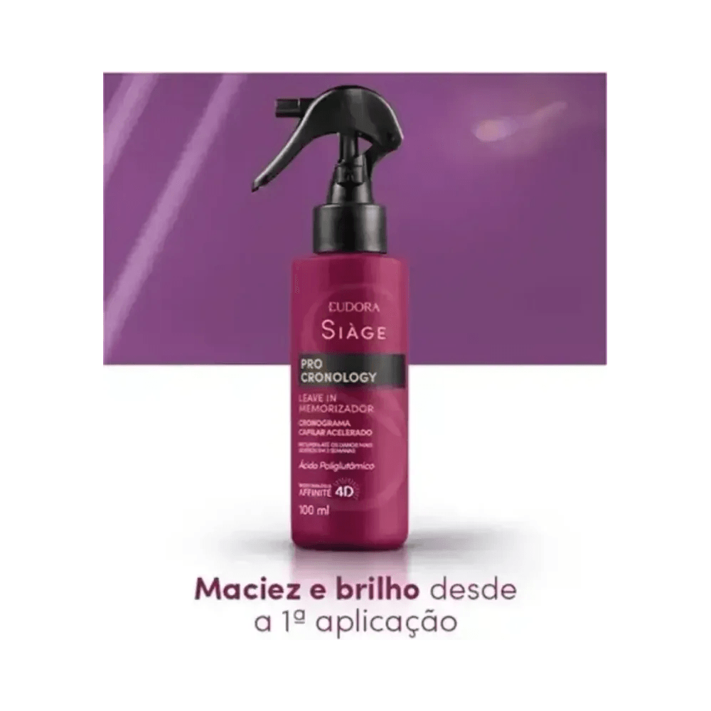 Detalhe do frasco roxo do Leave-in Siàge Pro Cronology 100ml destacando benefícios