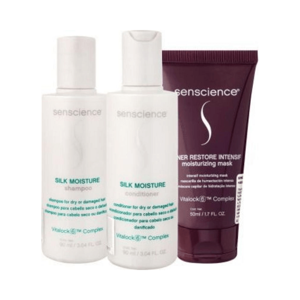 Frascos do Kit Senscience Travel: shampoo, condicionador e máscara em embalagens travel