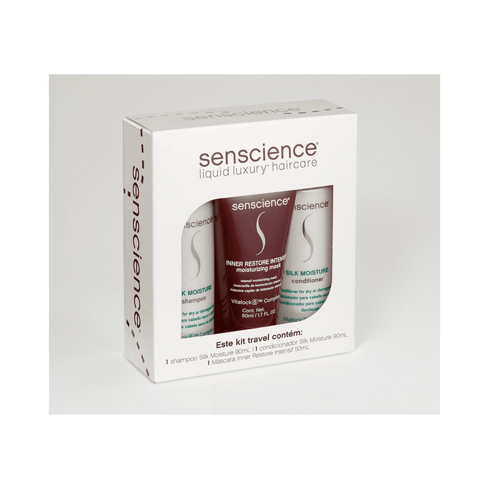 Caixa do Kit Senscience Travel mostrando os três produtos: shampoo, condicionador e máscara