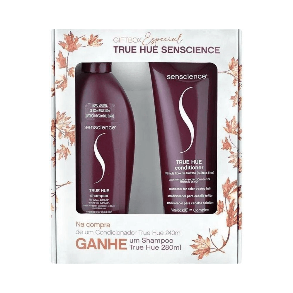 Kit Senscience True Hue em embalagem com visor mostrando shampoo e condicionador