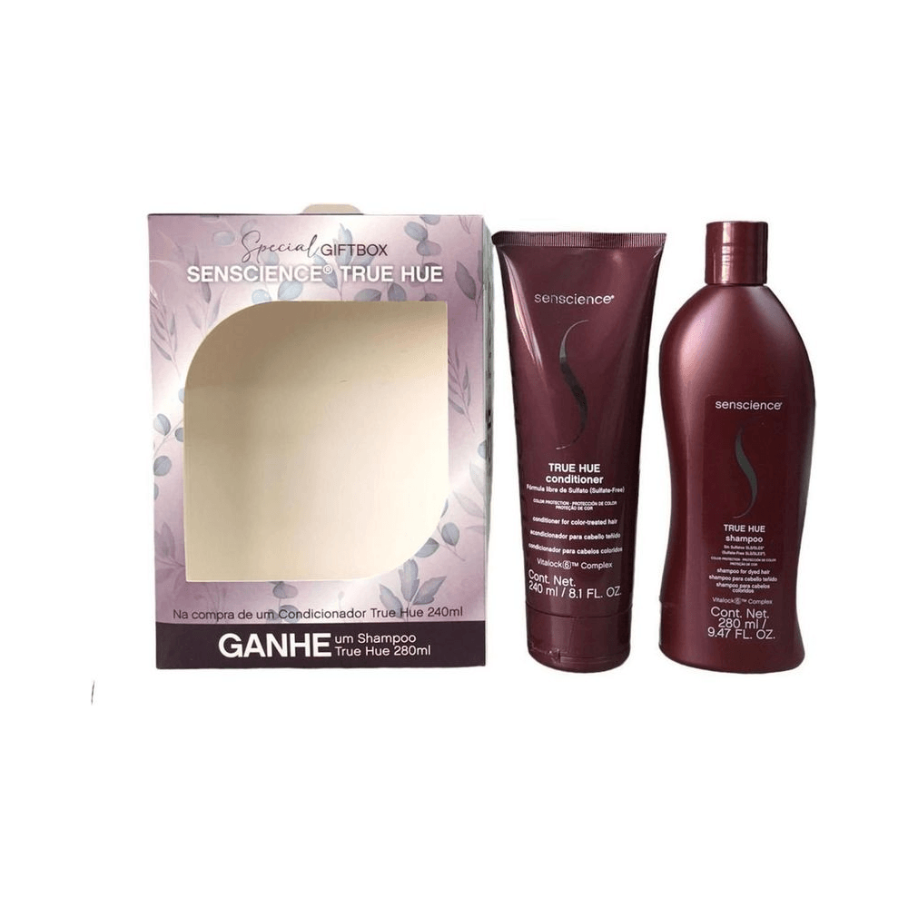 Kit Senscience True Hue com caixa decorativa e produtos expostos