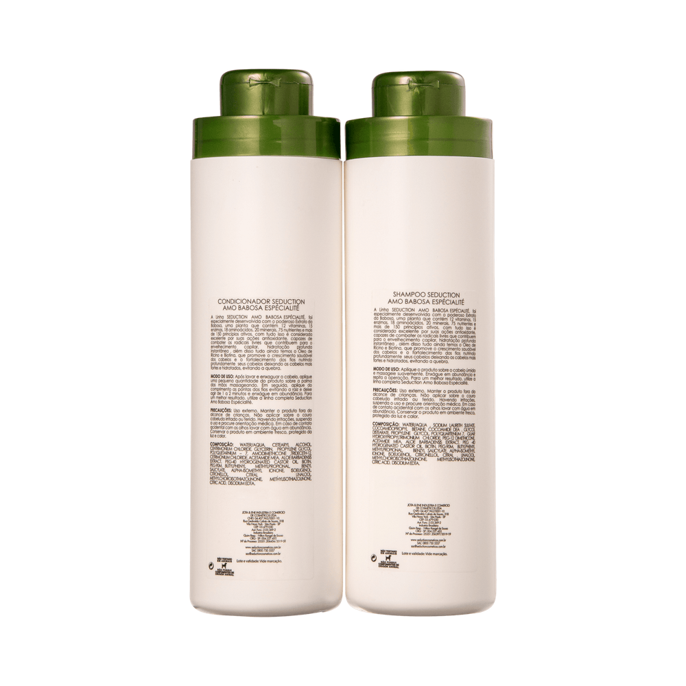 Verso das embalagens do Kit Seduction Babosa 800ml mostrando informações técnicas