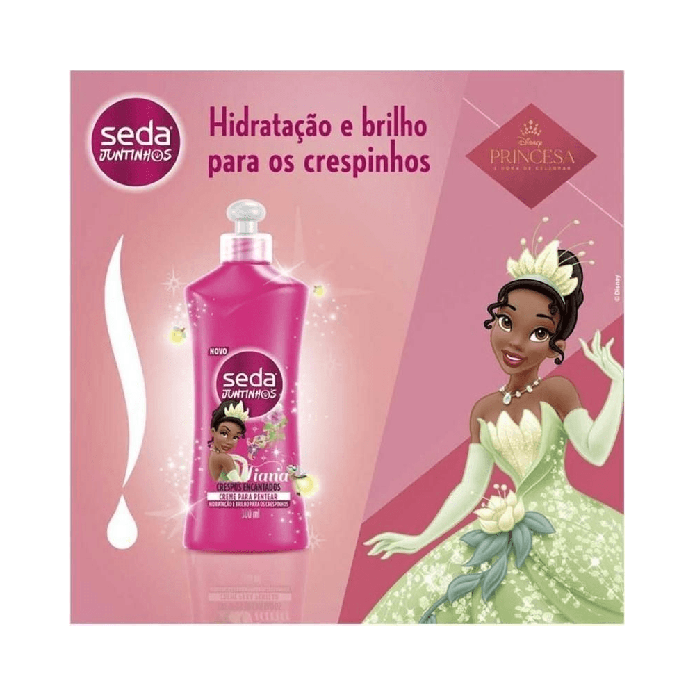 Embalagem e arte promocional Seda Juntinhos Tiana Crespos Encantados 300ml