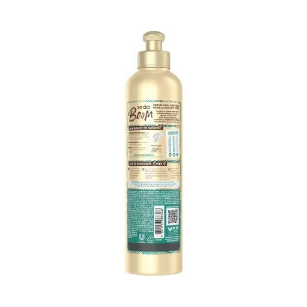 Verso do frasco Seda Boom Modelador Antifrizz 700ml mostrando informações do rótulo e pump