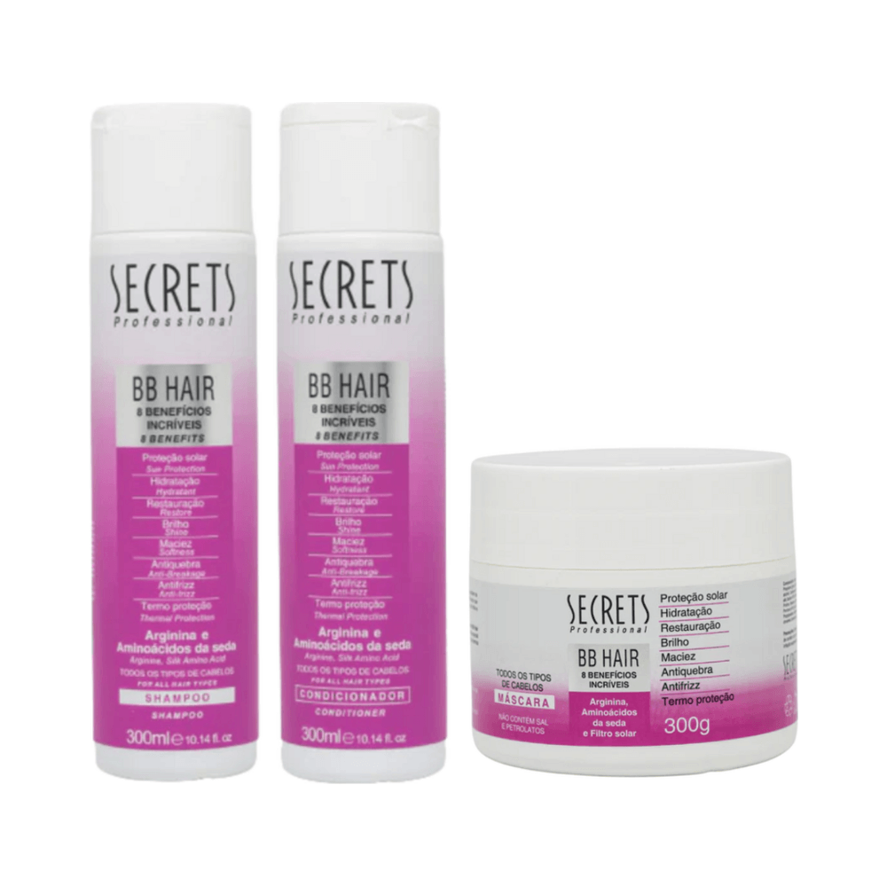 Kit Secrets BB Hair: shampoo, condicionador e máscara em embalagens branco e rosa degradê