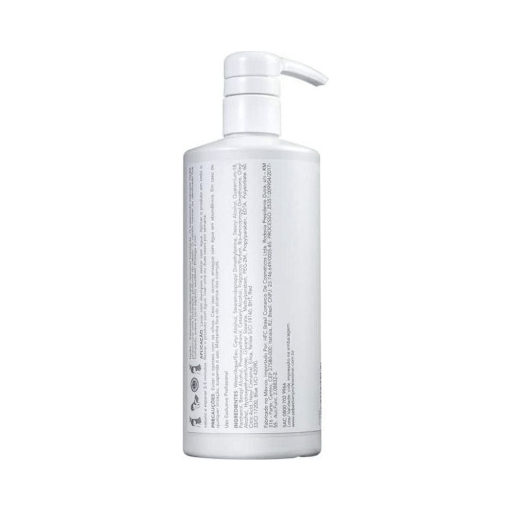 Vista traseira do frasco pump branco da Máscara Sebastian Hydre Tratamento 500ml mostrando painel de ingredientes e instruções