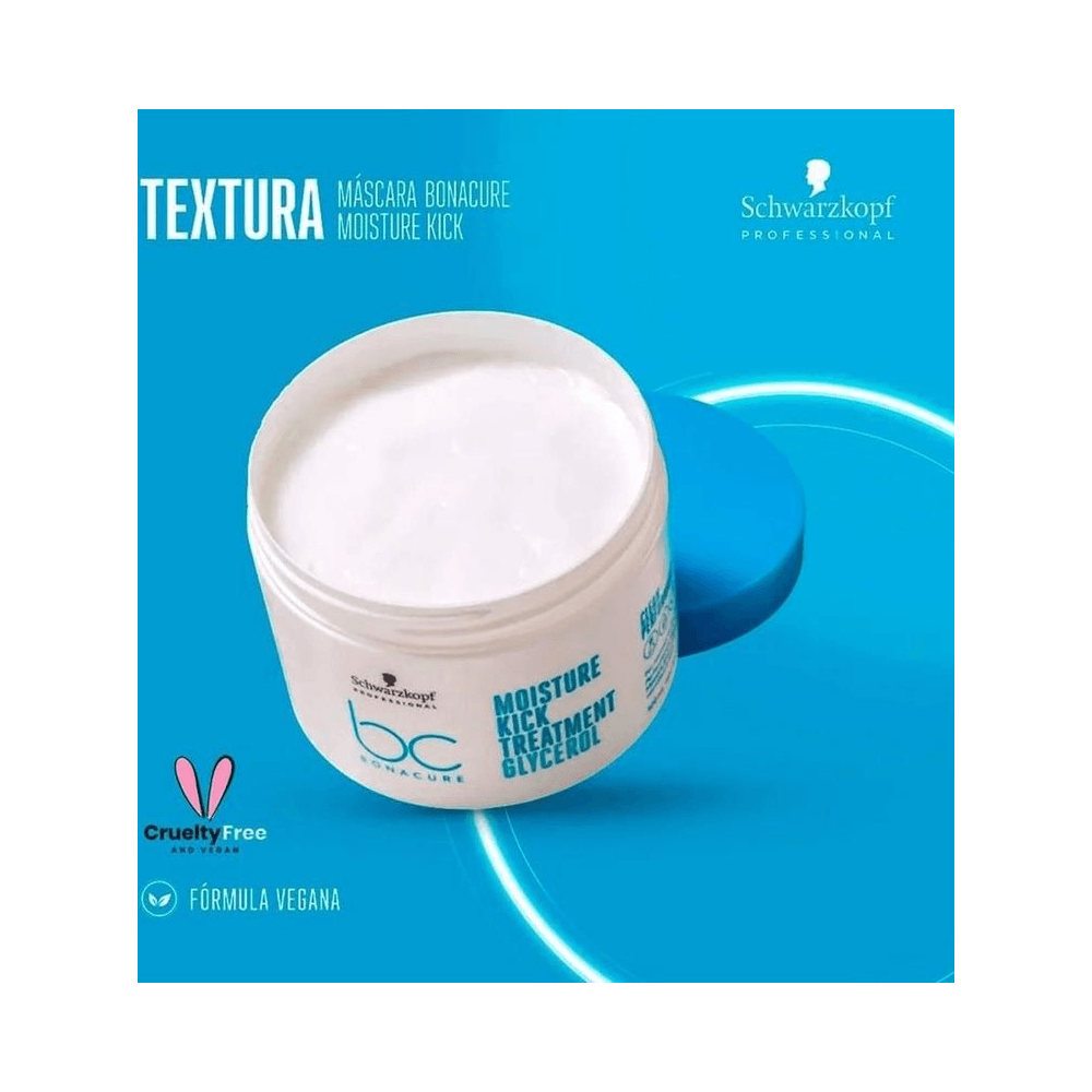 Pote aberto da Máscara Bonacure Moisture Kick Treatment 500ml sobre fundo azul