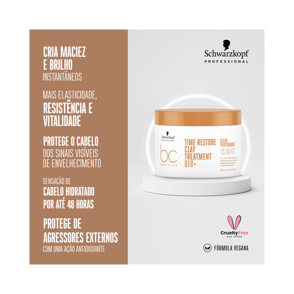 Máscara de Argila Bonacure Time Restore 500ml em pedestal, destaca hidratação e ação antioxidante