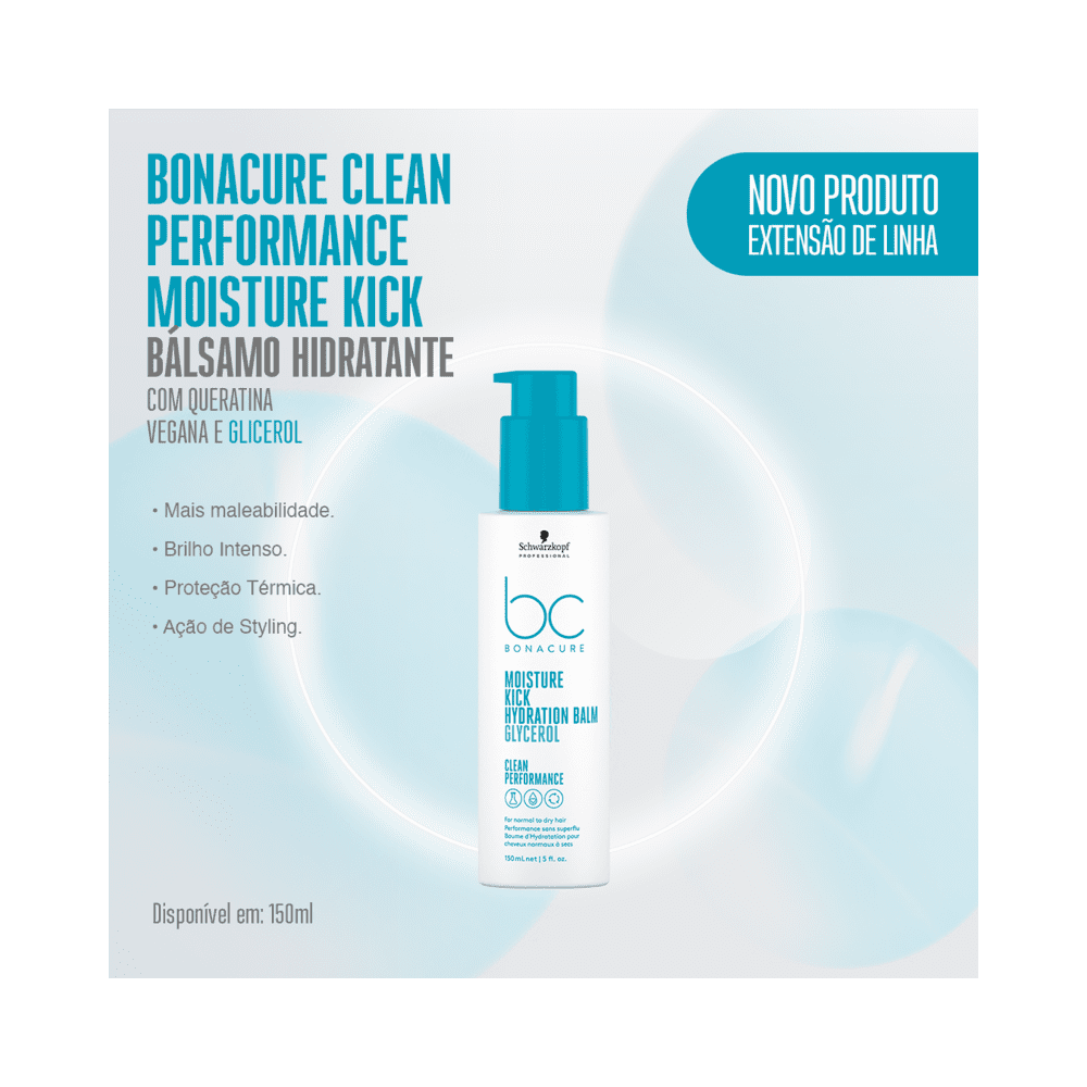 Frasco central do Bonacure Moisture Kick 150ml com layout informativo e fundo azul claro