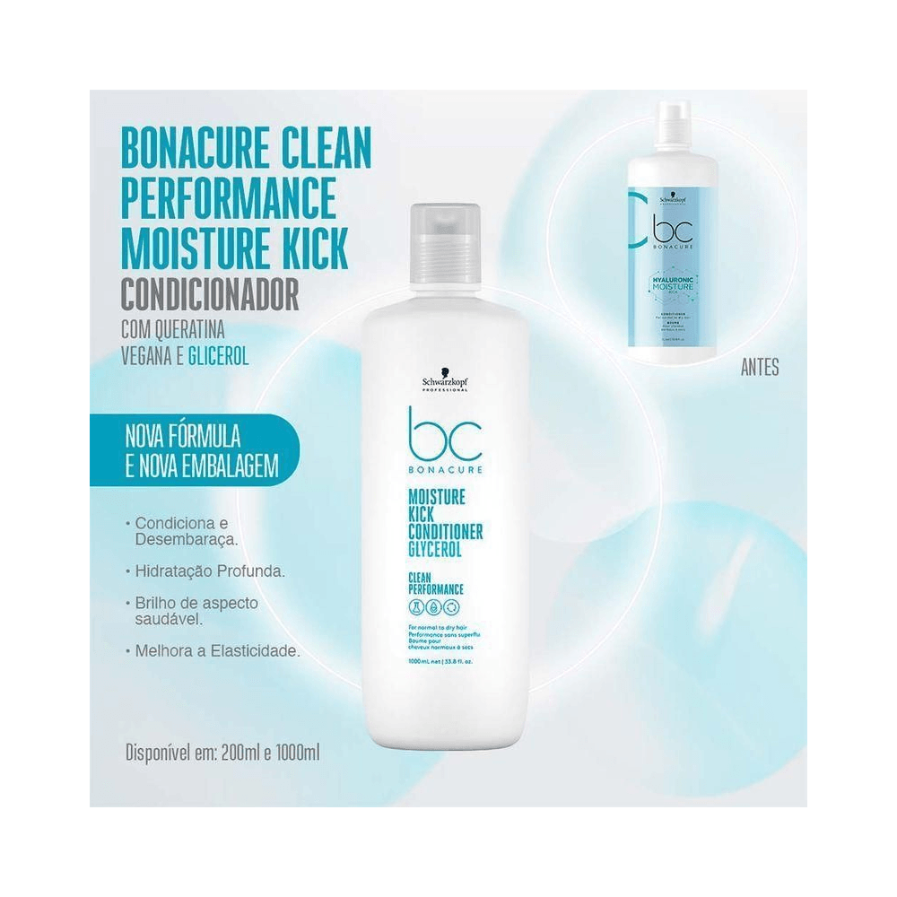 Imagem promocional do condicionador Bonacure Moisture Kick 1L com destaque para benefícios e fórmula vegana