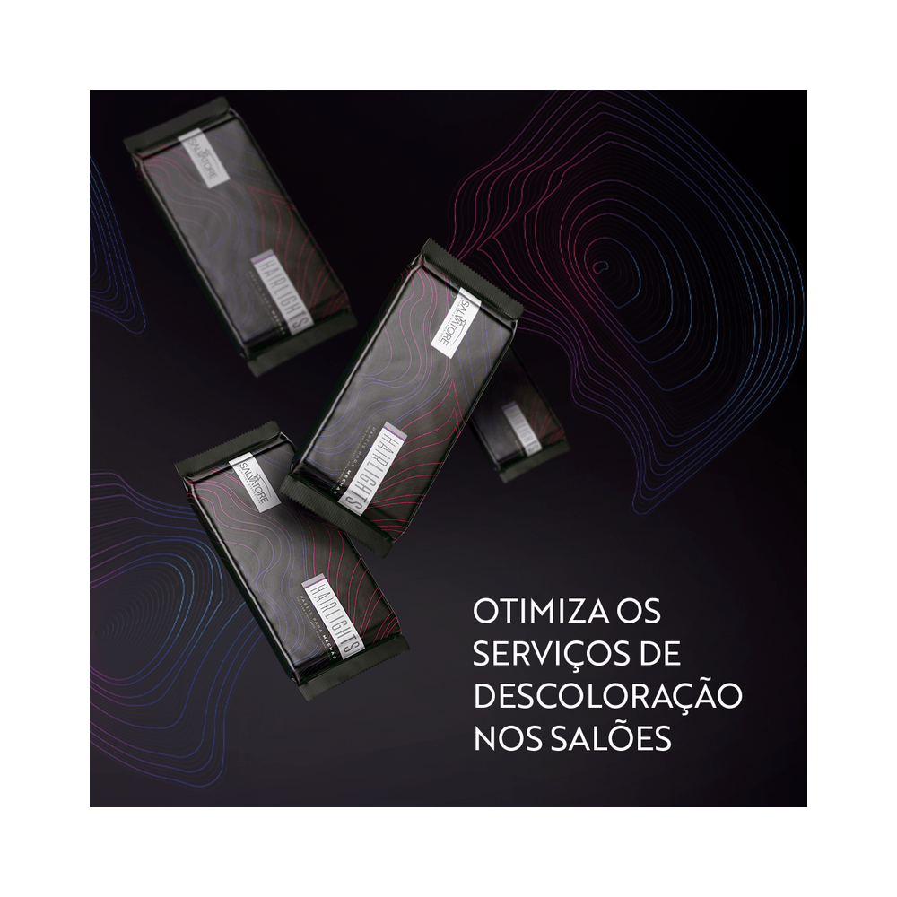 Composição com embalagens do Papel para Mechas Salvatore mostrando uso em salão