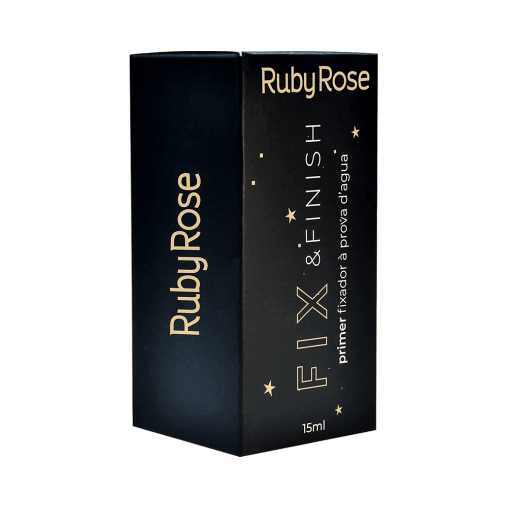Primer Fixador Ruby Rose Fix e Finish com tubo e caixa pretos, destaque do aplicador
