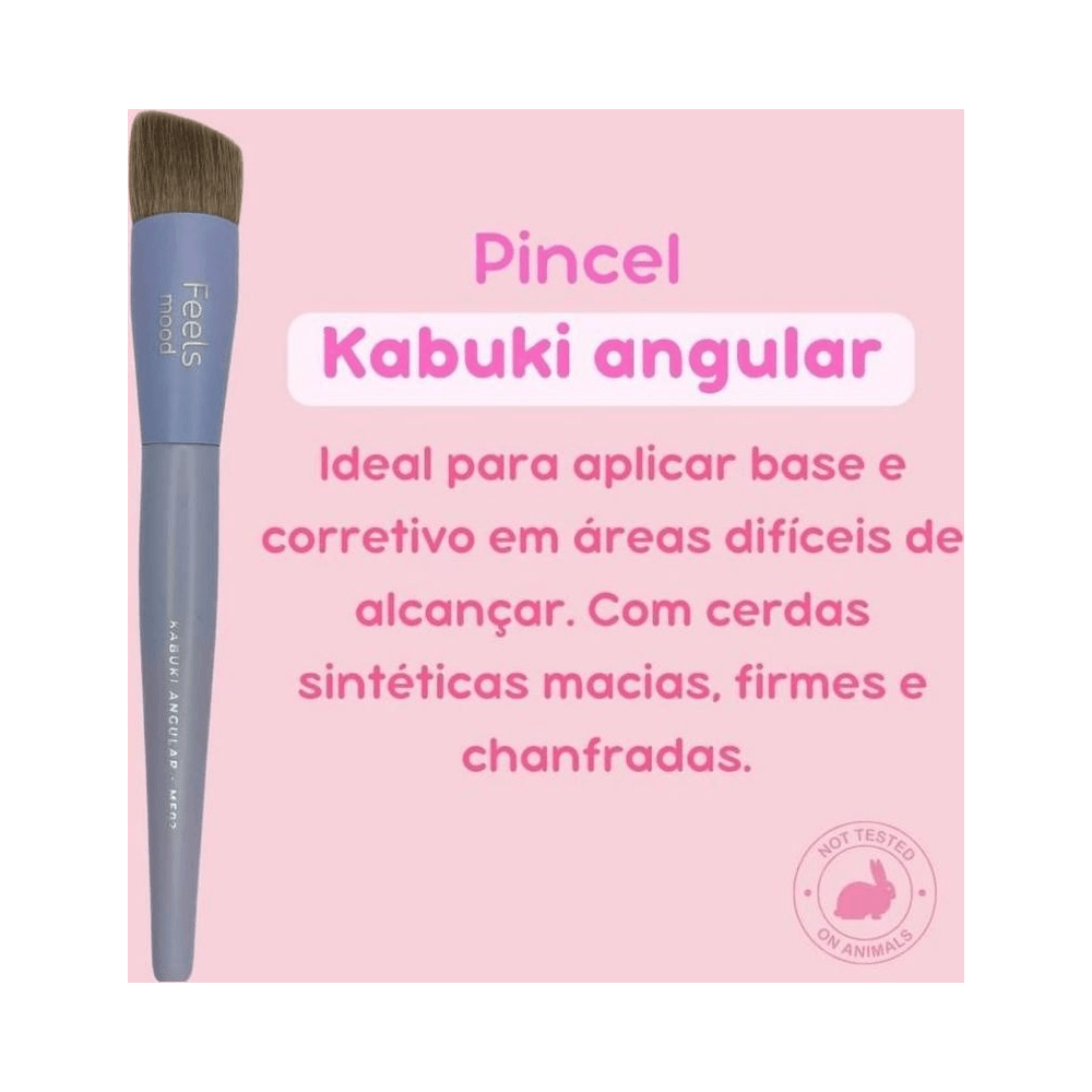Imagem promocional do Pincel Kabuki Angular MF02 Ruby Rose destacando cerdas e selo cruelty-free