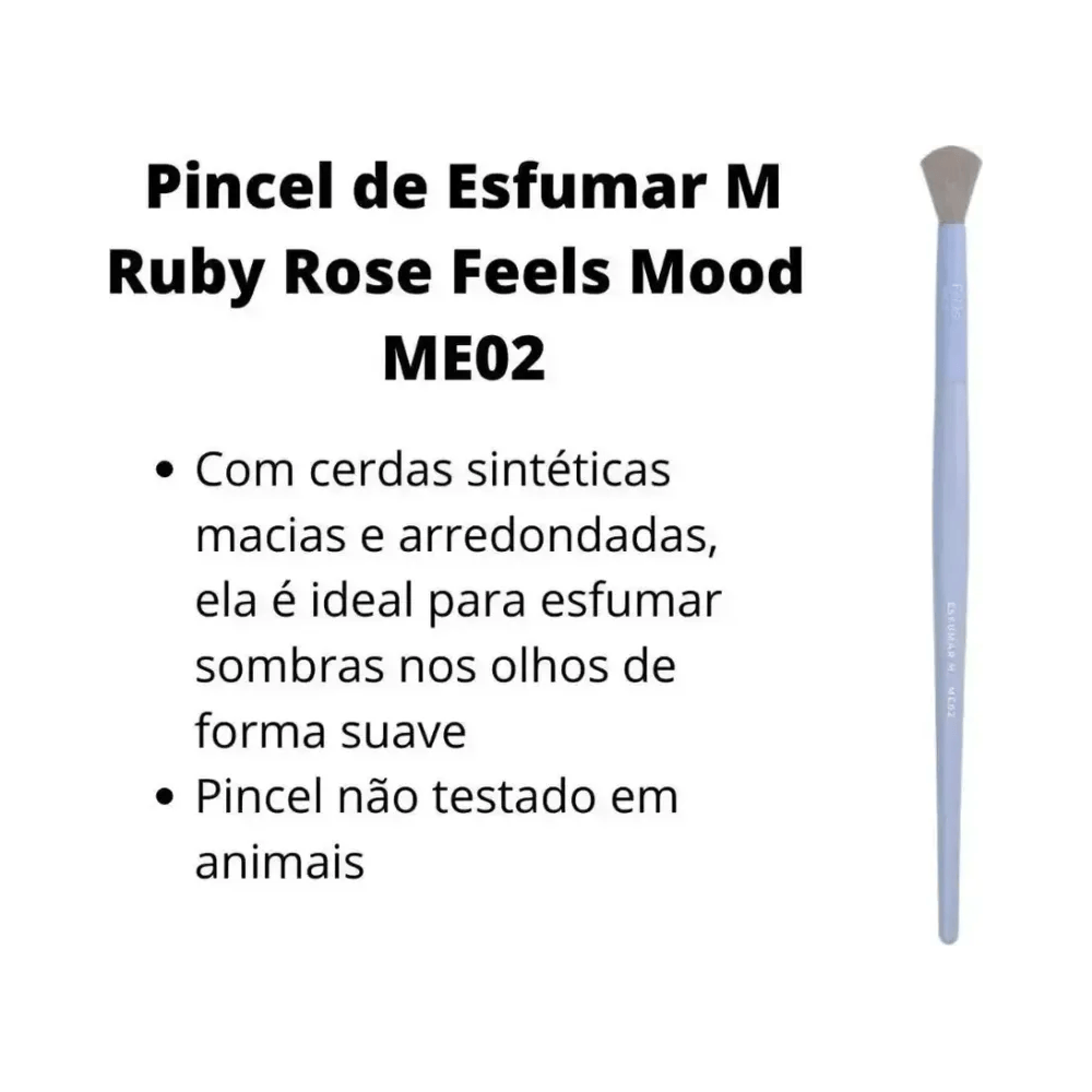 Pincel Feels Mood ME02 com texto informativo sobre cerdas sintéticas e uso