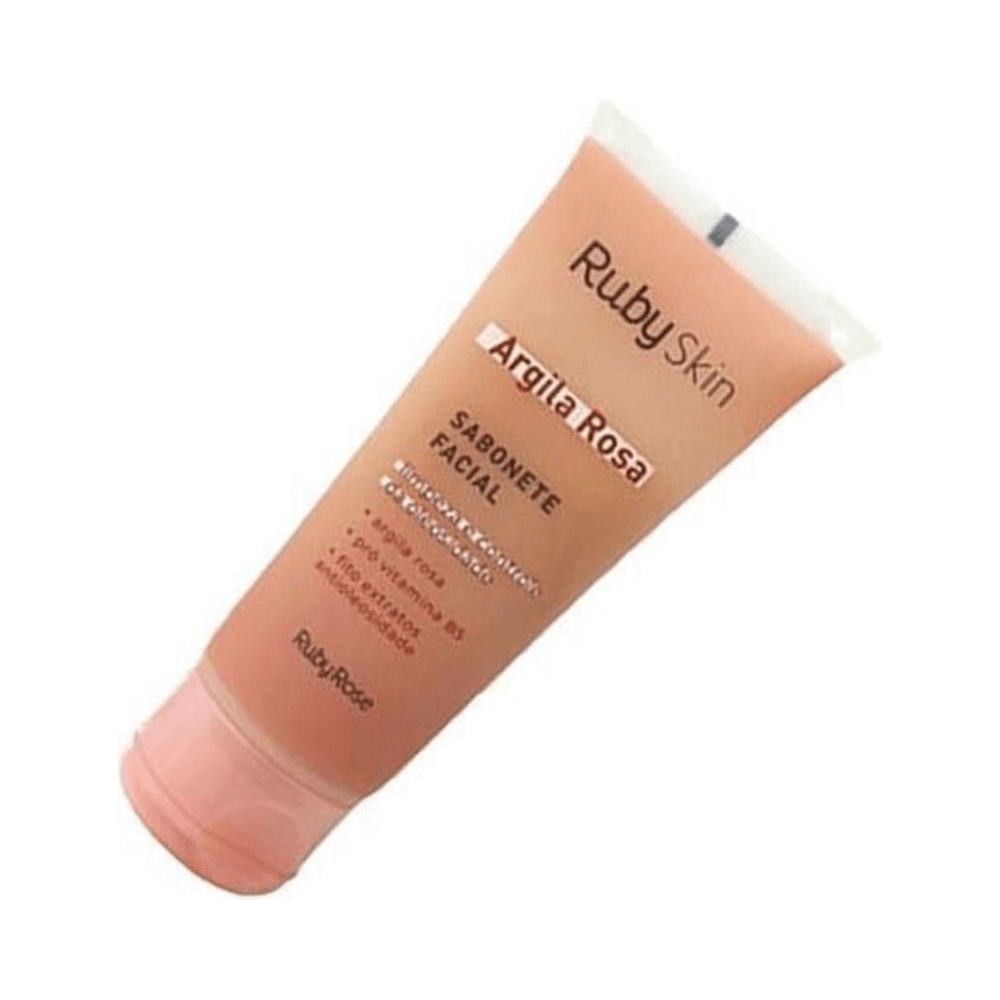 Sabonete Facial Ruby Rose Argila Rosa 100ml - Tubo inclinado sobre fundo branco