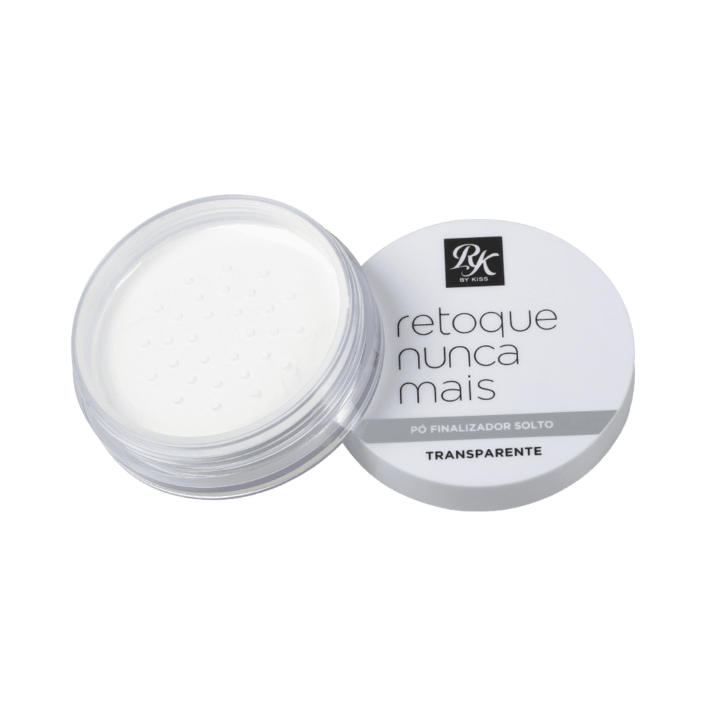 Pó solto RK By Kiss - embalagem transparente com tampa branca, ideal para retoques na bolsa