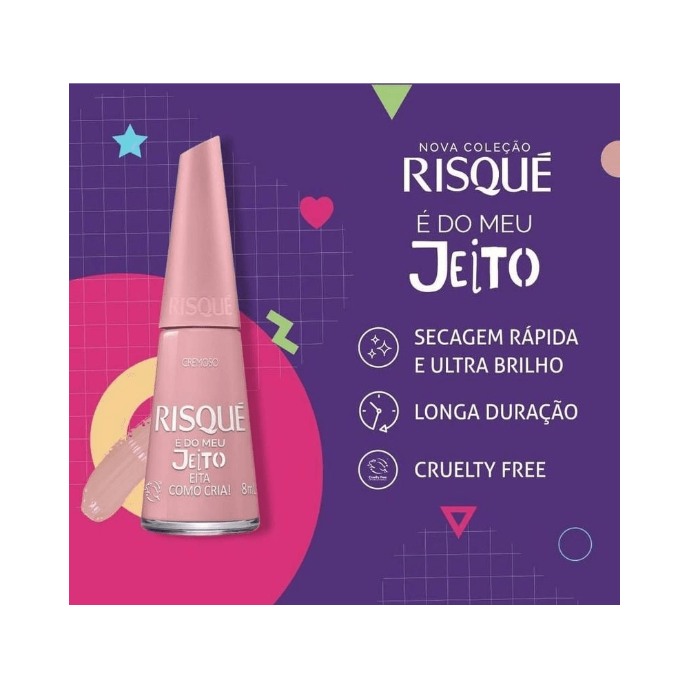 Esmalte Risqué Eita Como Cria! em fundo promocional destacando benefícios e ícones